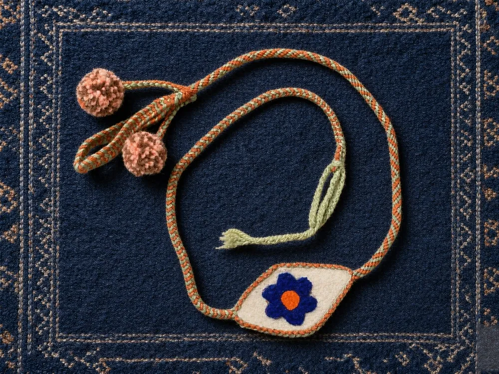 Animal A02 — Peach cord · Blue-flower panel · Brown poms