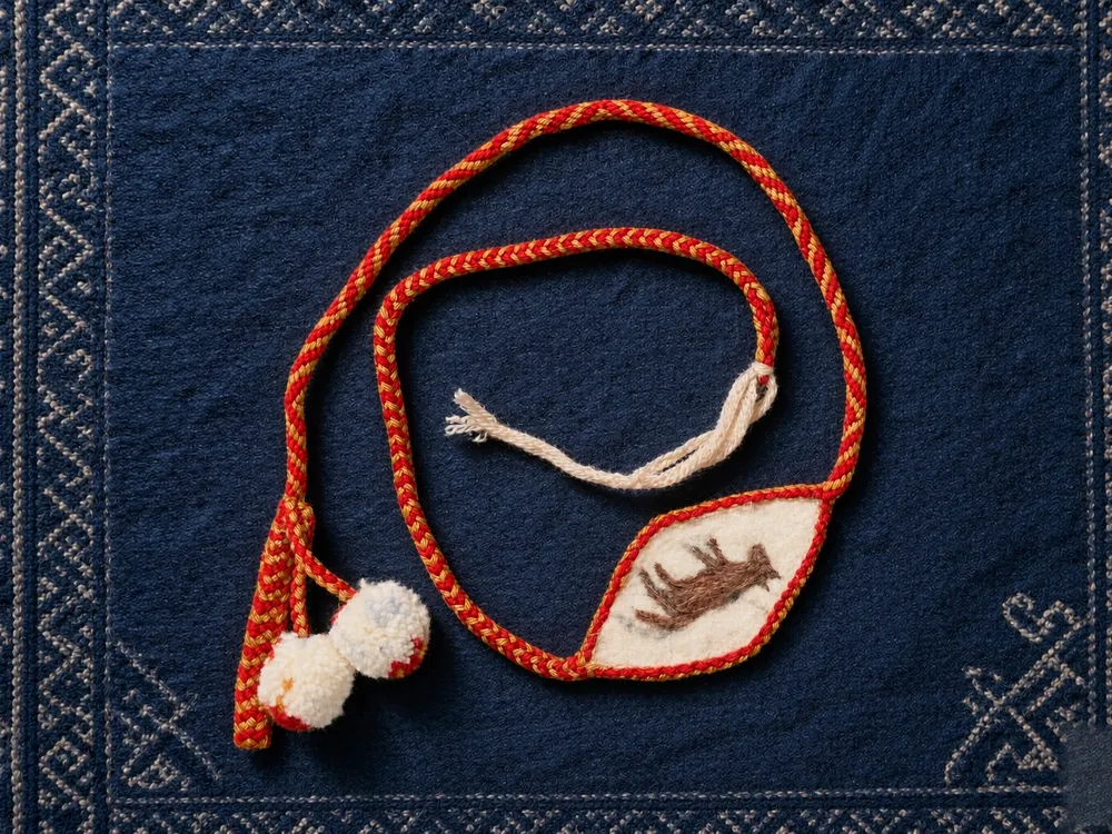 Animal A04 — Red cord · Brown-horse panel · Cream poms
