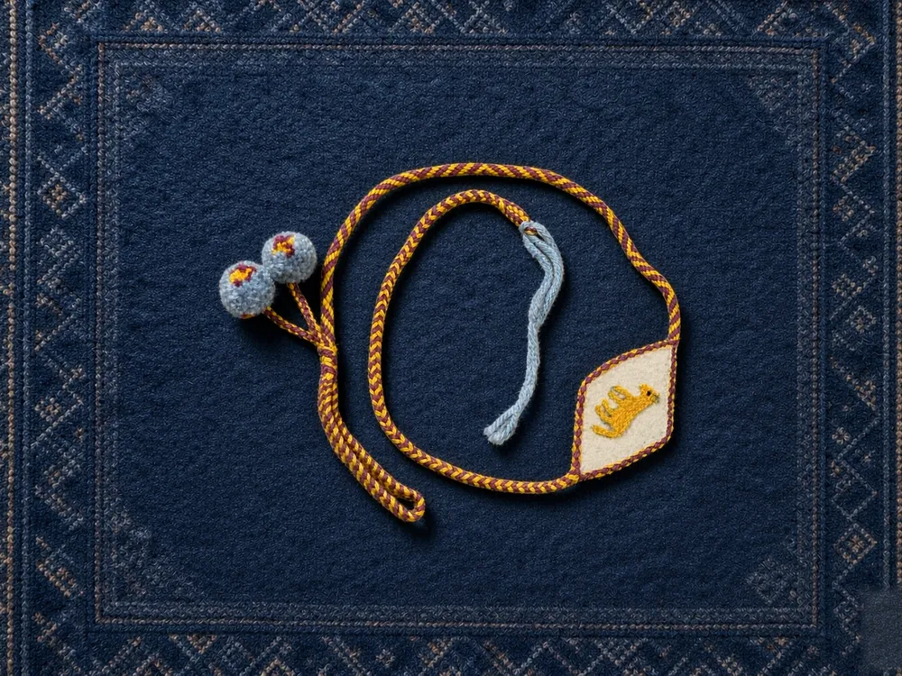 Animal A05 — Gold cord · Yellow-dragon panel · Blue-white beads