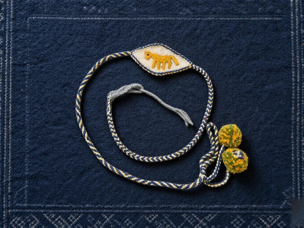 Animal A07 — Grey-white cord · Yellow-dragon panel · Yellow beads