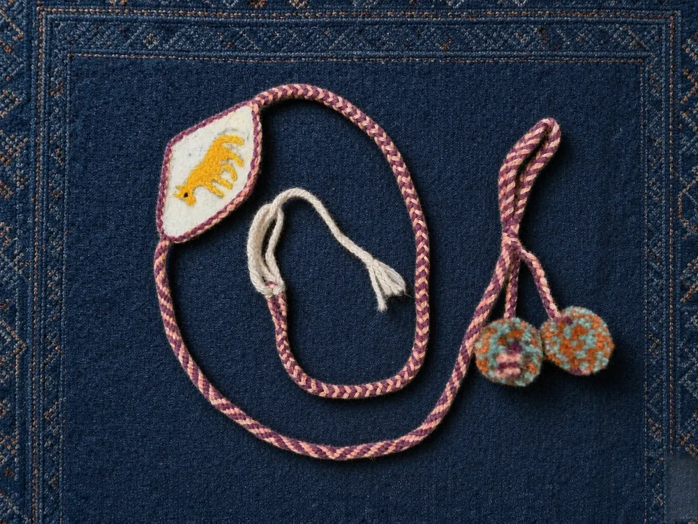 Animal A08 — Pink cord · Yellow-dragon panel · Pink-white beads