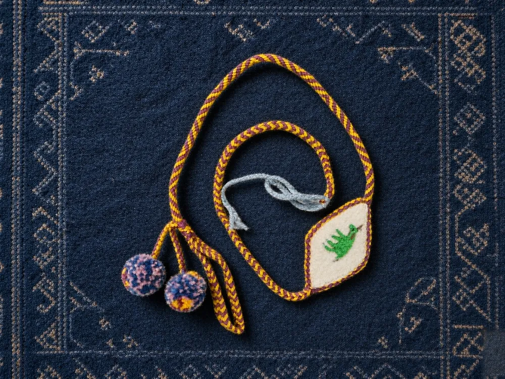 Animal A09 — Gold cord · Green-tree panel · Blue-purple beads