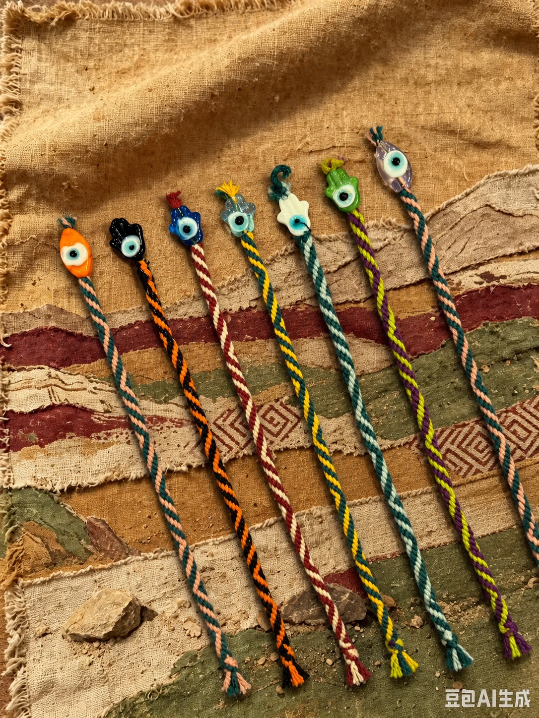 Seven colourful eye-detail bracelets arranged on woven textile