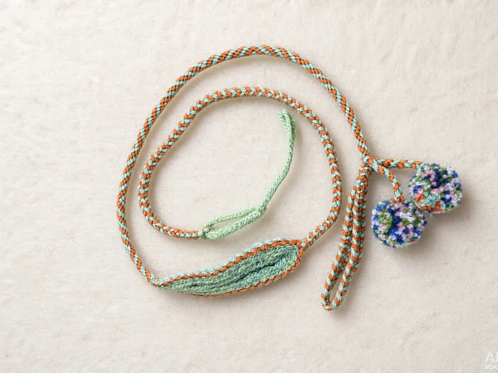 Dopamine D08 — Camel cord · Mint panel · Blue-white beads