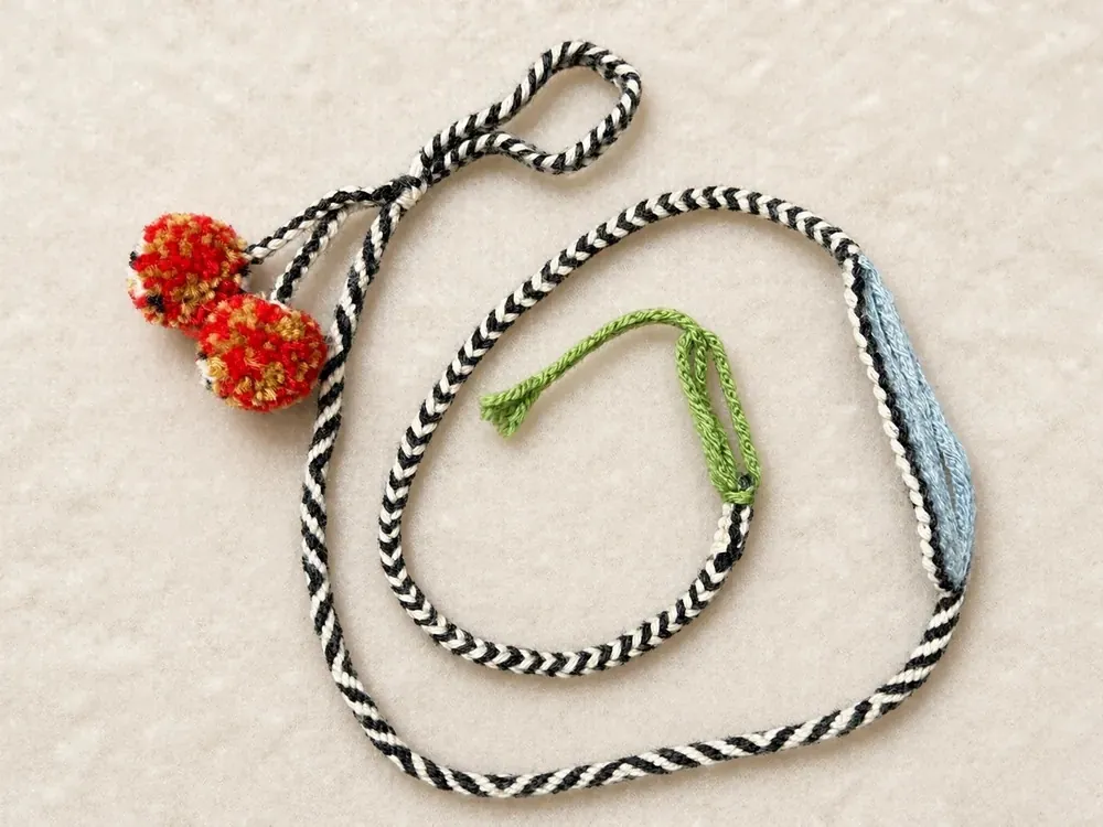 Dopamine D20 — Black-white cord · Coral beads · Blue panel