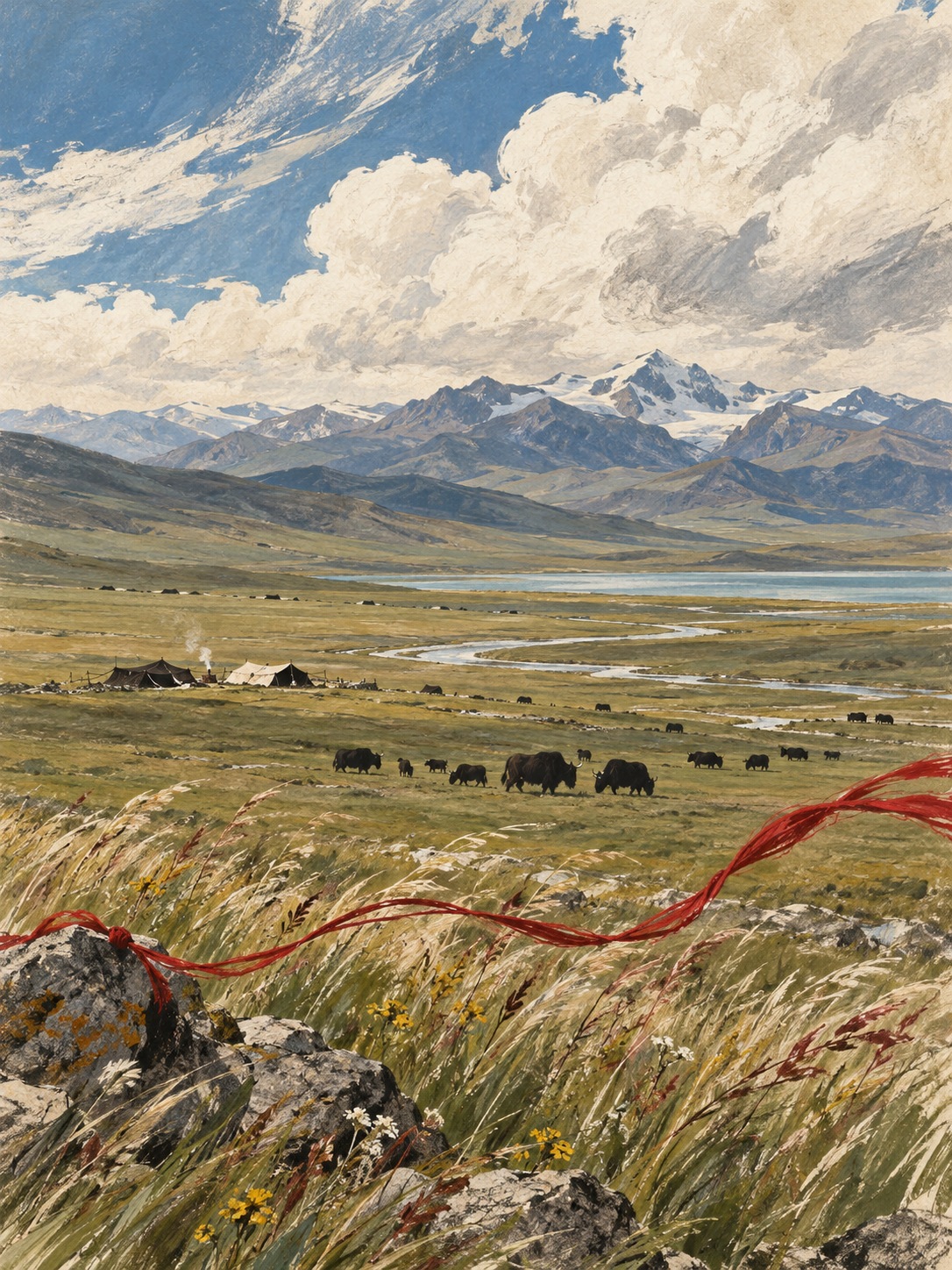 Illustration of an expansive plateau pasture and nomadic camp