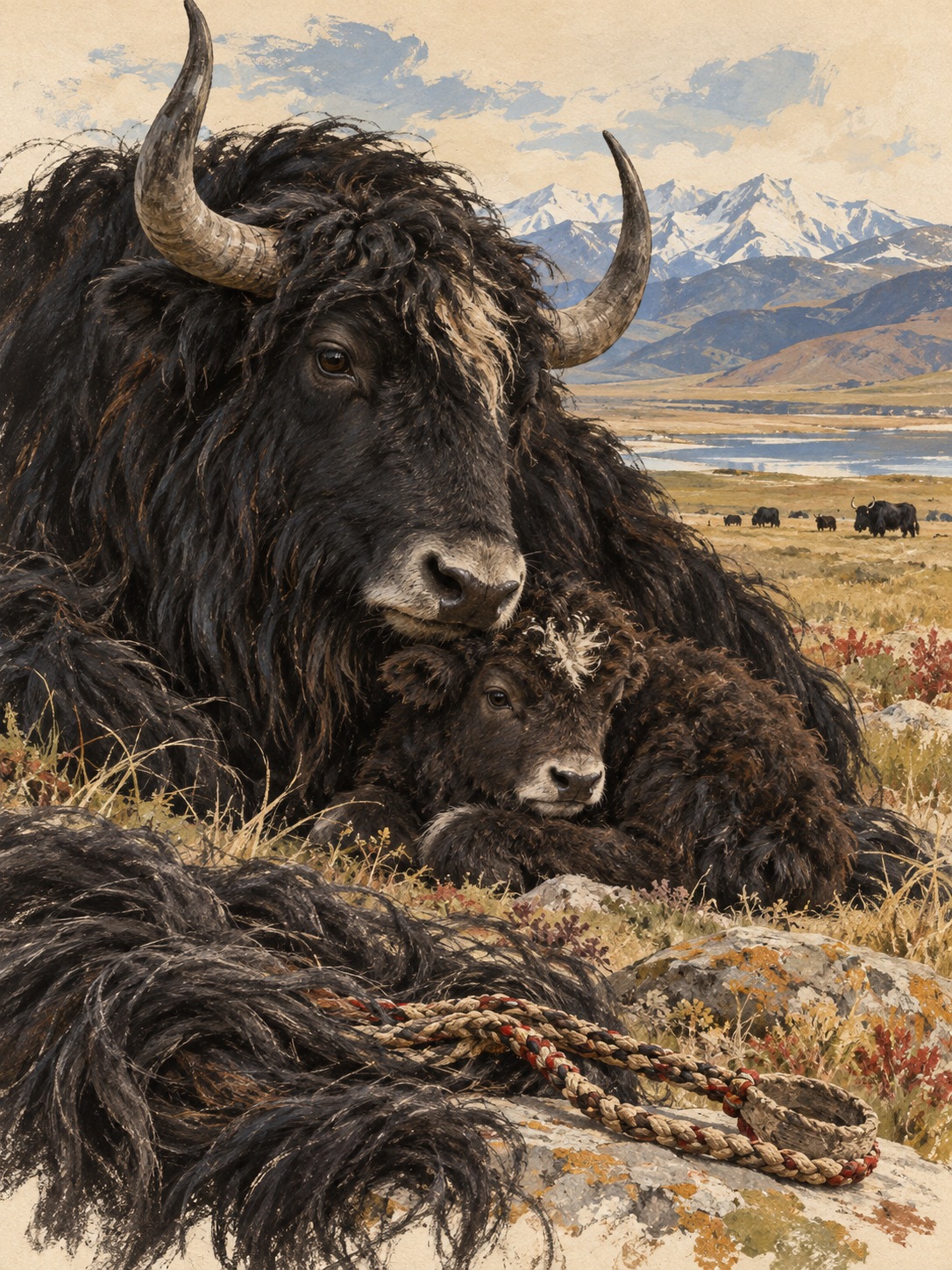 Illustration of a yak and calf on the plateau