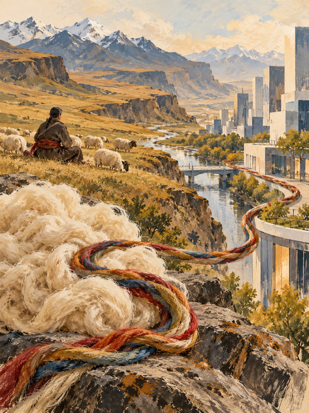 Conceptual illustration connecting wool and the plateau to city life