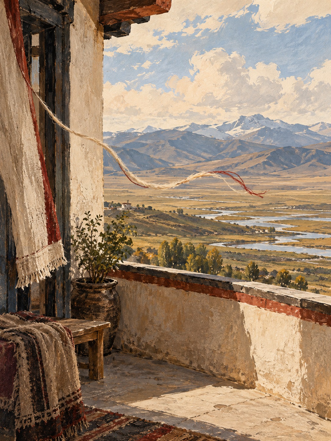 Illustration of an open horizon and a thread carried by the wind