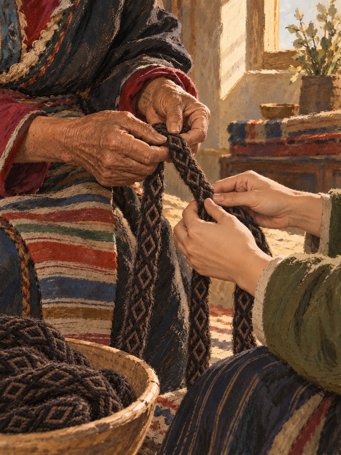 Illustration of eye-pattern wool weaving passed between generations